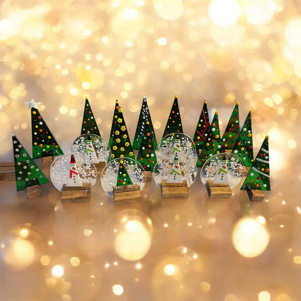 Fused glass trees and snowglobe