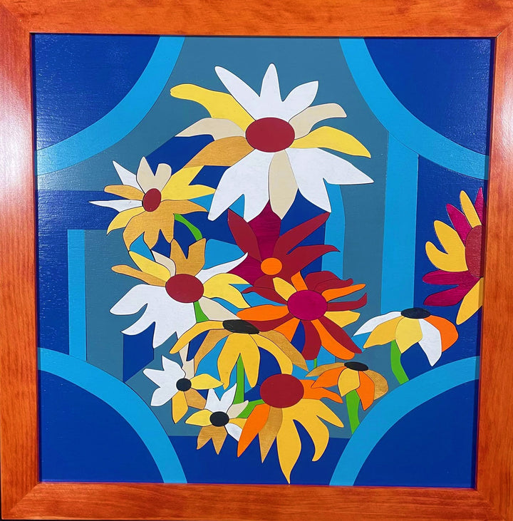 Framed wood quilt of a flowers