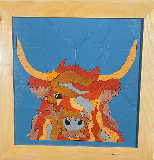 Framed wood quilt highland cow 