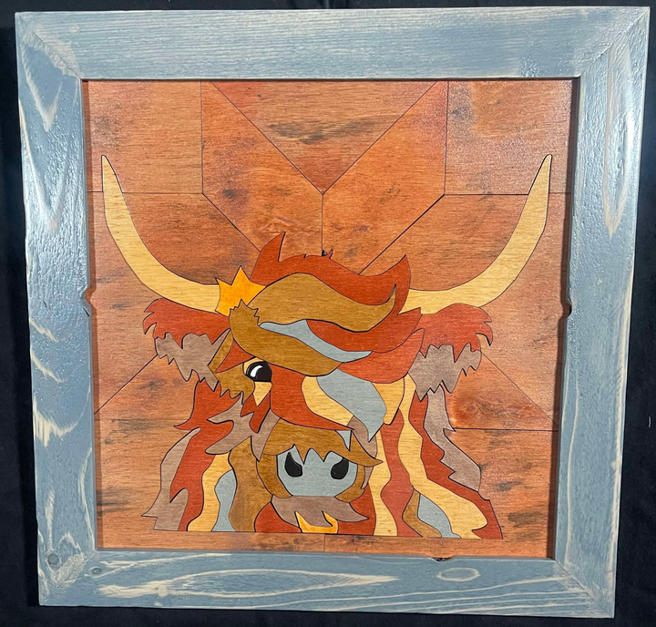 Framed wood quilt highland cow 
