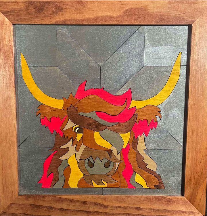 Framed wood quilt colorful highland cow 