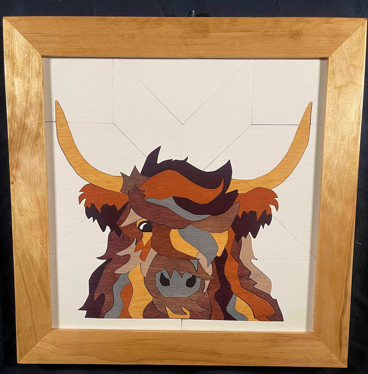 Framed wood quilt highland cow 