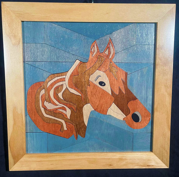 Framed wood quilt of a horse