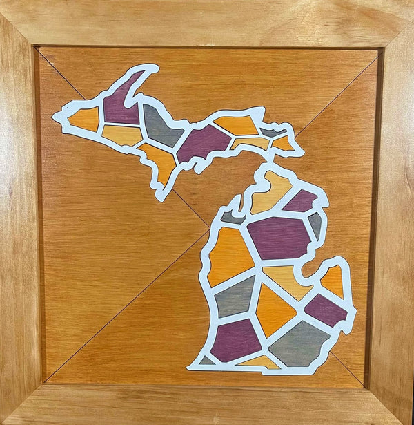 Framed wood quilt of Michigan