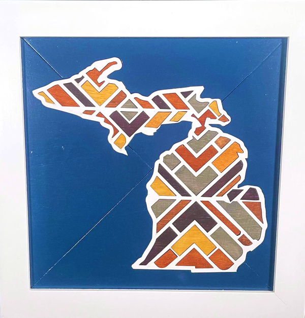 Framed wood mosaic quilt of Michigan