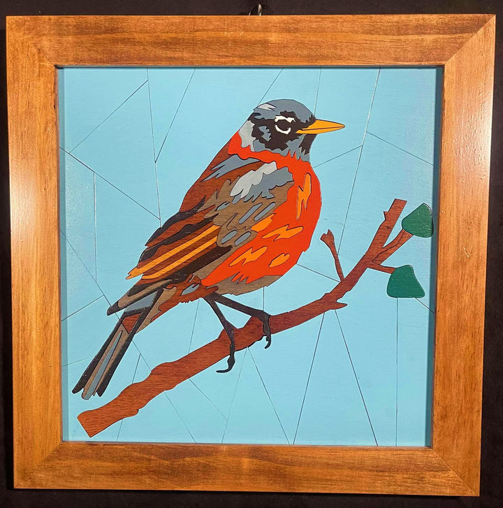 Framed wood quilt of a robin
