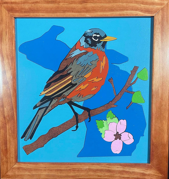Framed wood quilt of a robin