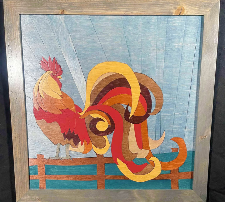 Framed wood quilt of a rooster