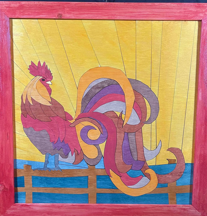 Framed wood quilt of a rooster
