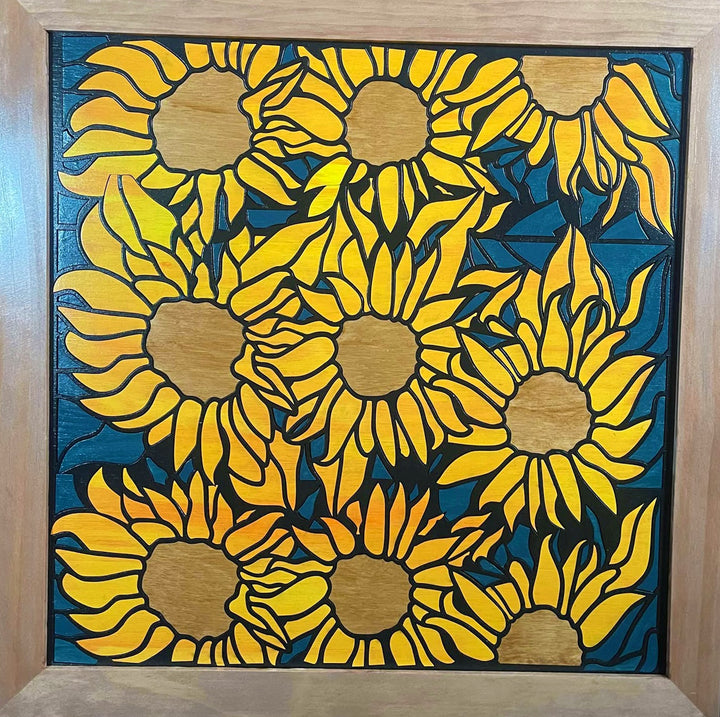 Framed wood quilt of sunflowers