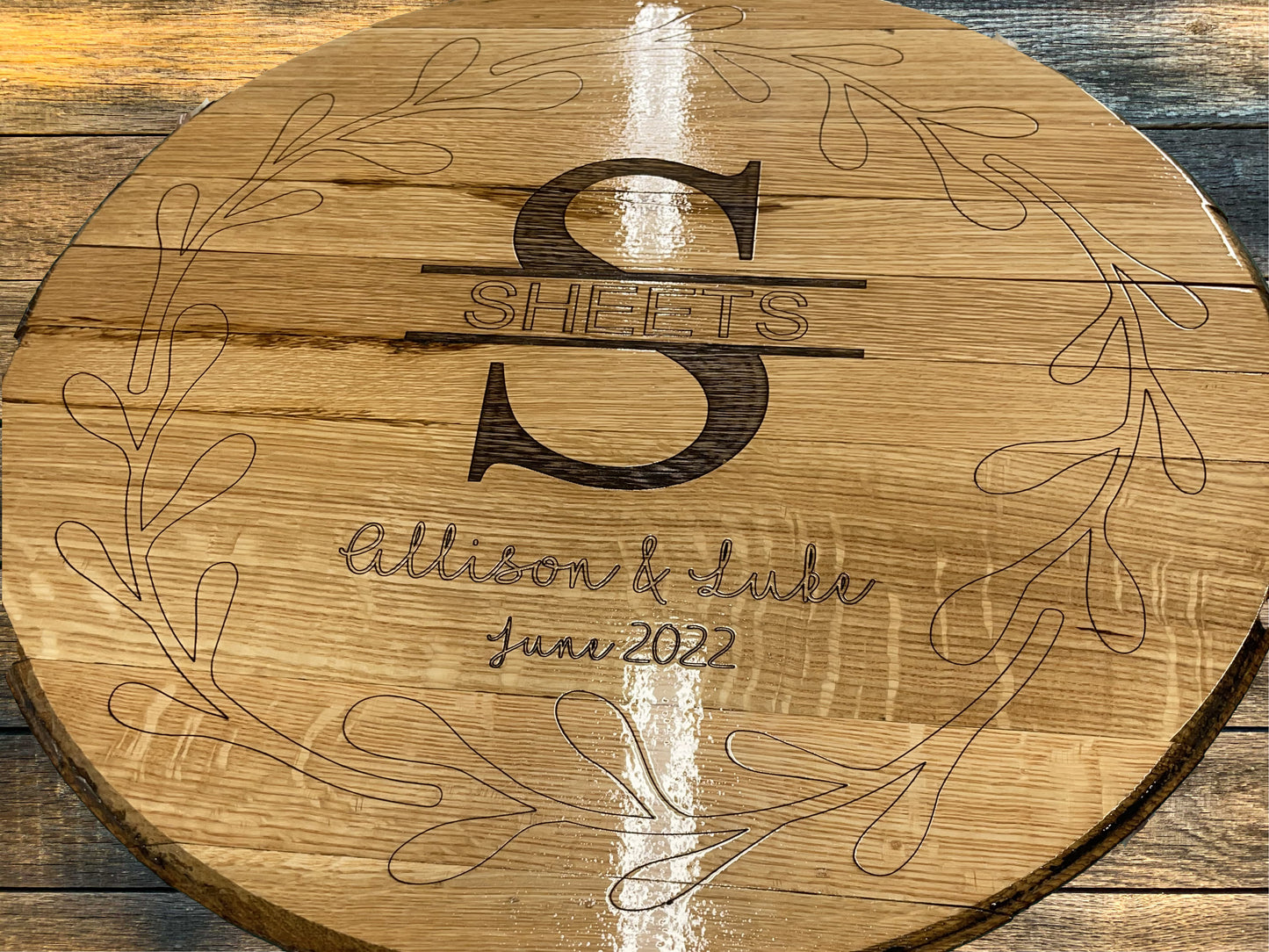 Custom Whiskey Barrel Head table / Wall Hanging / Wedding Guest Book